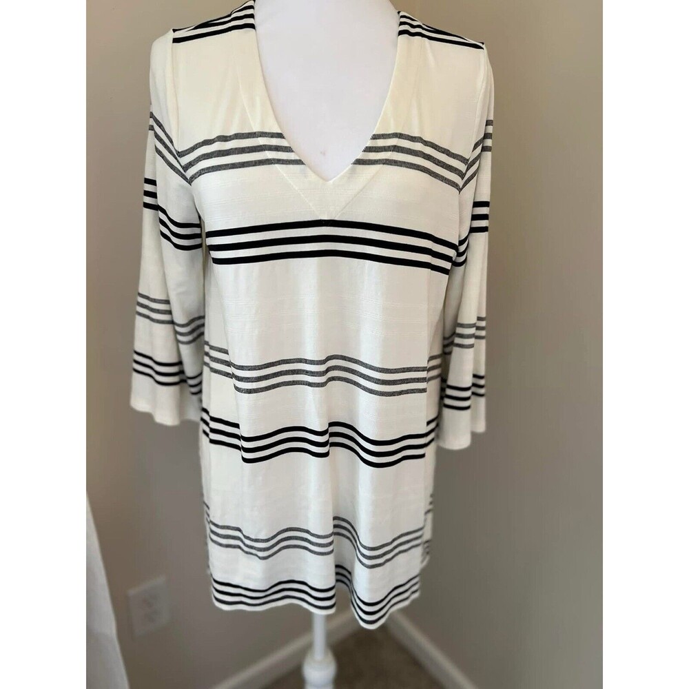 J. Jill WEAREVER White & Black TEXTURED-STRIPES V-NECK TUNIC A-Line Top SP